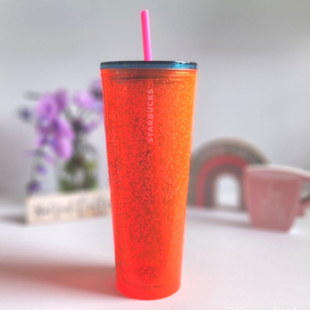 🎁GAVE AS FREE GIFT W ORDER 🧡💙 STARBUCKS🥤Neon Orange Bubble Venti 24oz